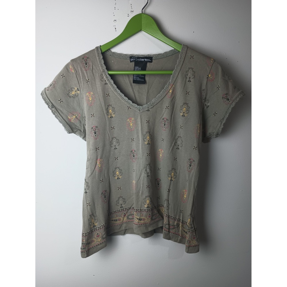 No Boundaries Vintage Y2K Olive Medallion Print V-Neck Lace Trim Top Large 11/13